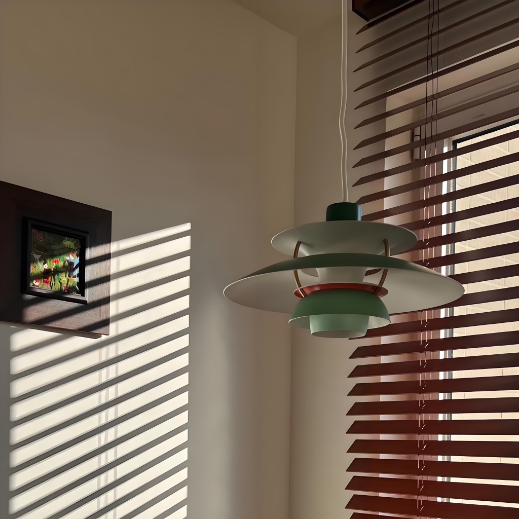 Green pendant light by blinds