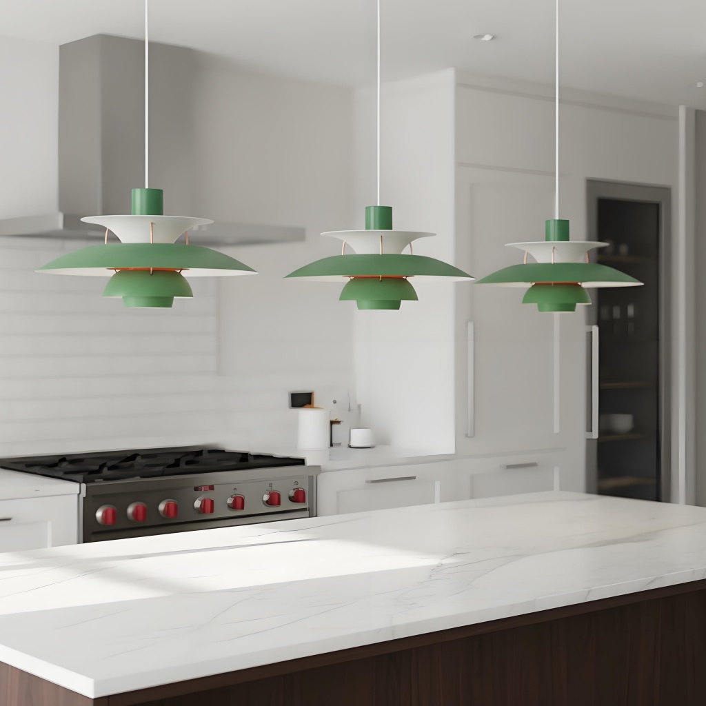 Three green pendant lights over kitchen island