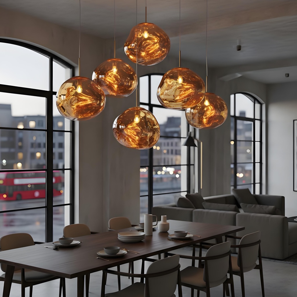 Gold Glyador pendants in dining space