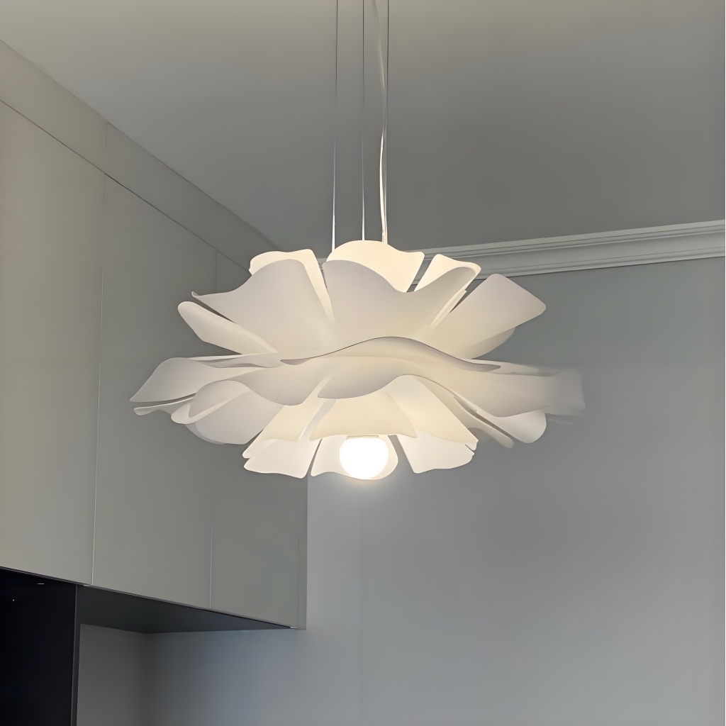 White pendant light viewed from below in a real interior