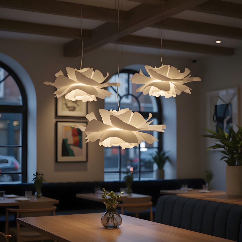Multiple flower pendant lights glowing over a dining table