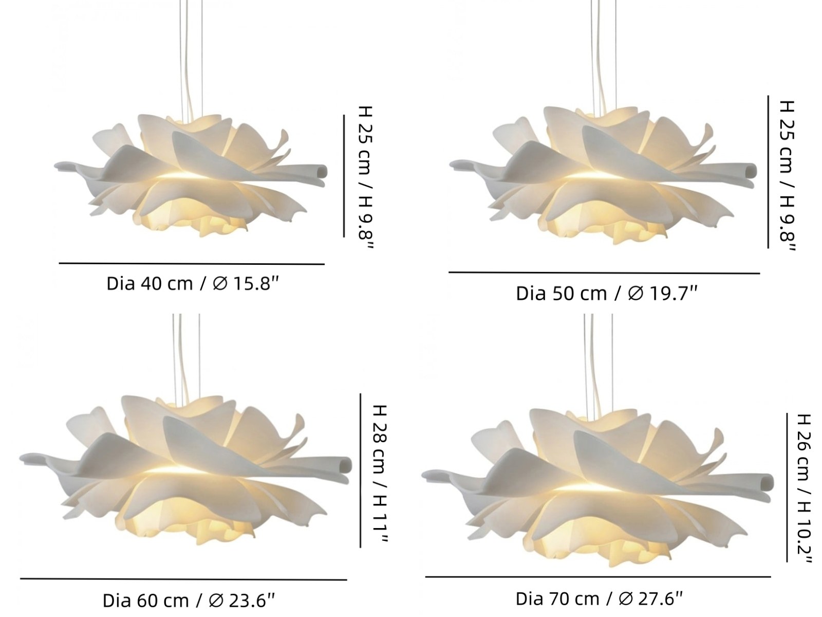Pendant light size diagram with four available diameters
