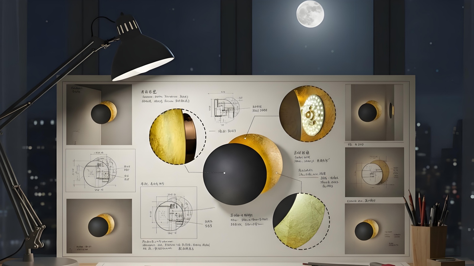 Discola wall light design sketches and circular shade details