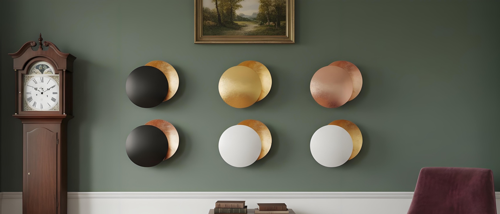 Discola wall lights arranged on a green wall