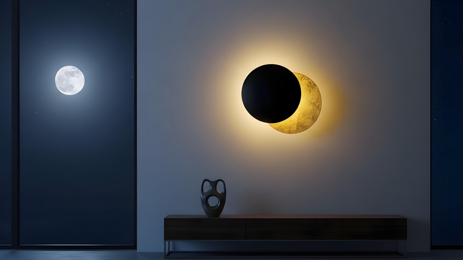 Discola wall light casting a soft halo in a dark room