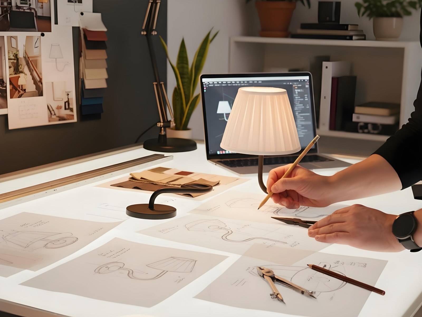 Design sketch and pleated shade wall light