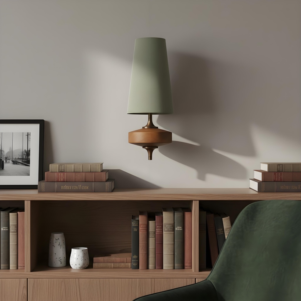 Green Luma wall lamp above a bookshelf