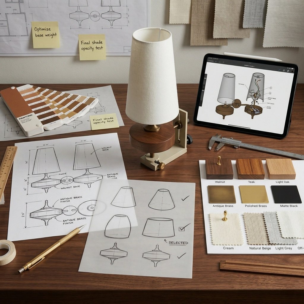 Design sketches and material samples for the Luma wall lamp
