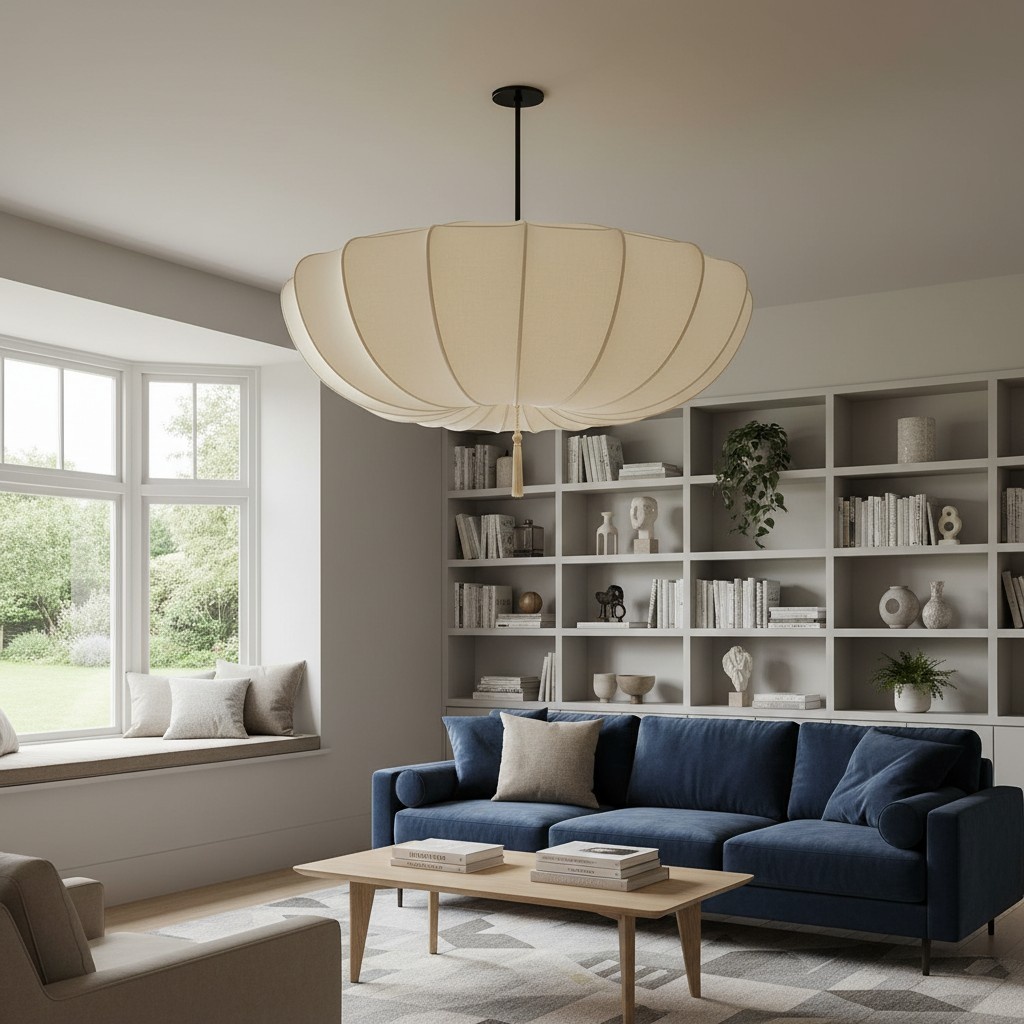 Stoffkronleuchter in einem Wohnzimmer mit Regalen