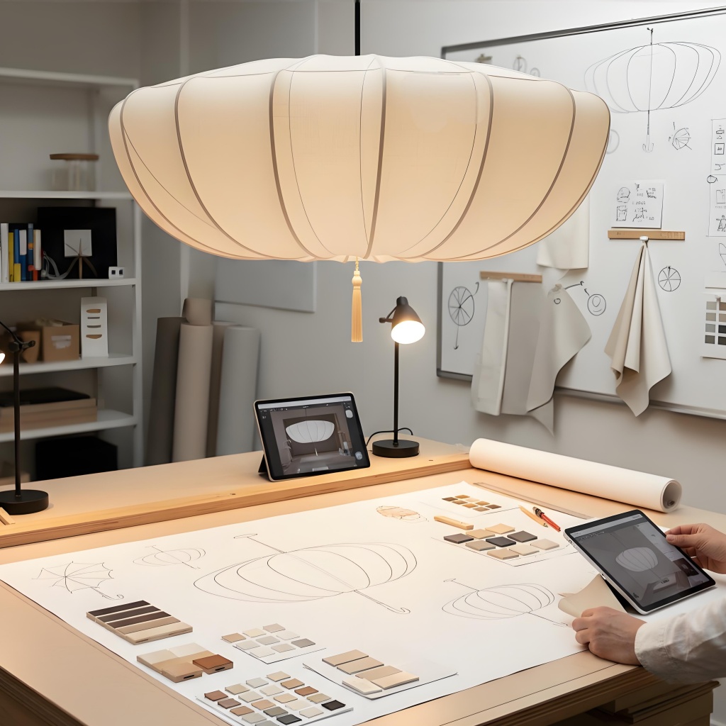 Designdetails eines Kronleuchters aus Stoff auf einem Arbeitstisch
