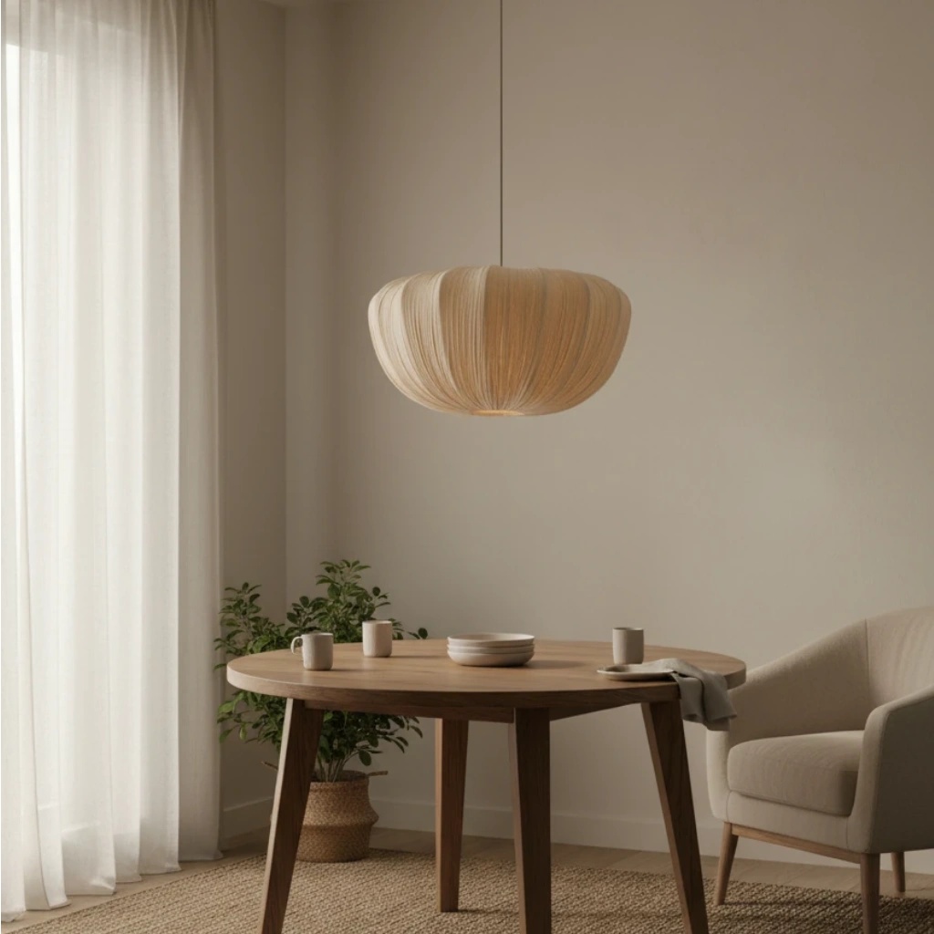 Ostrea pendant near soft curtains and seating