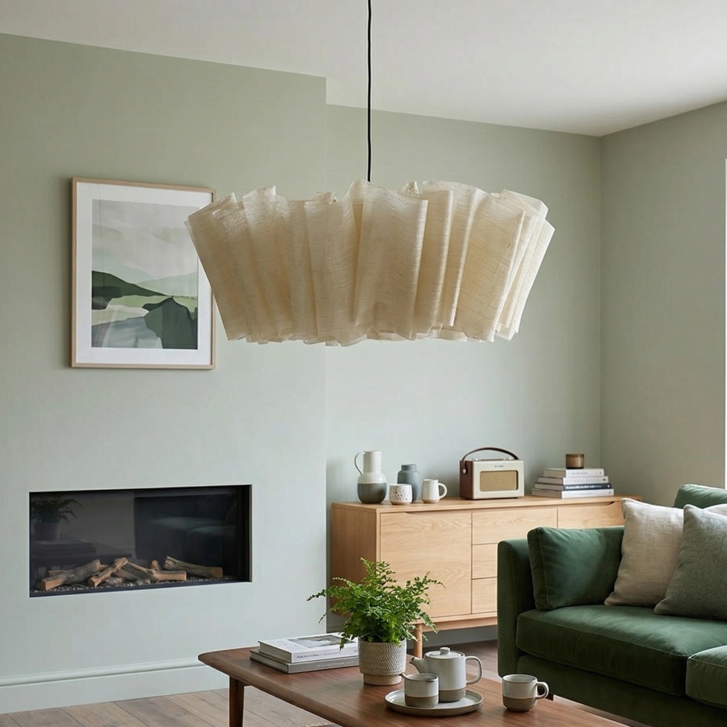 Meva pleated pendant light in a green living room