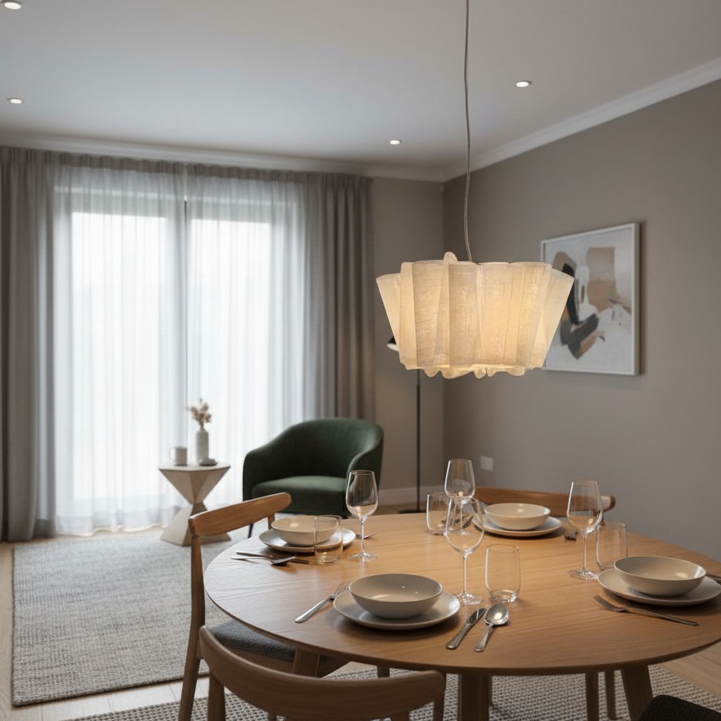 Meva pleated pendant light above a round dining table