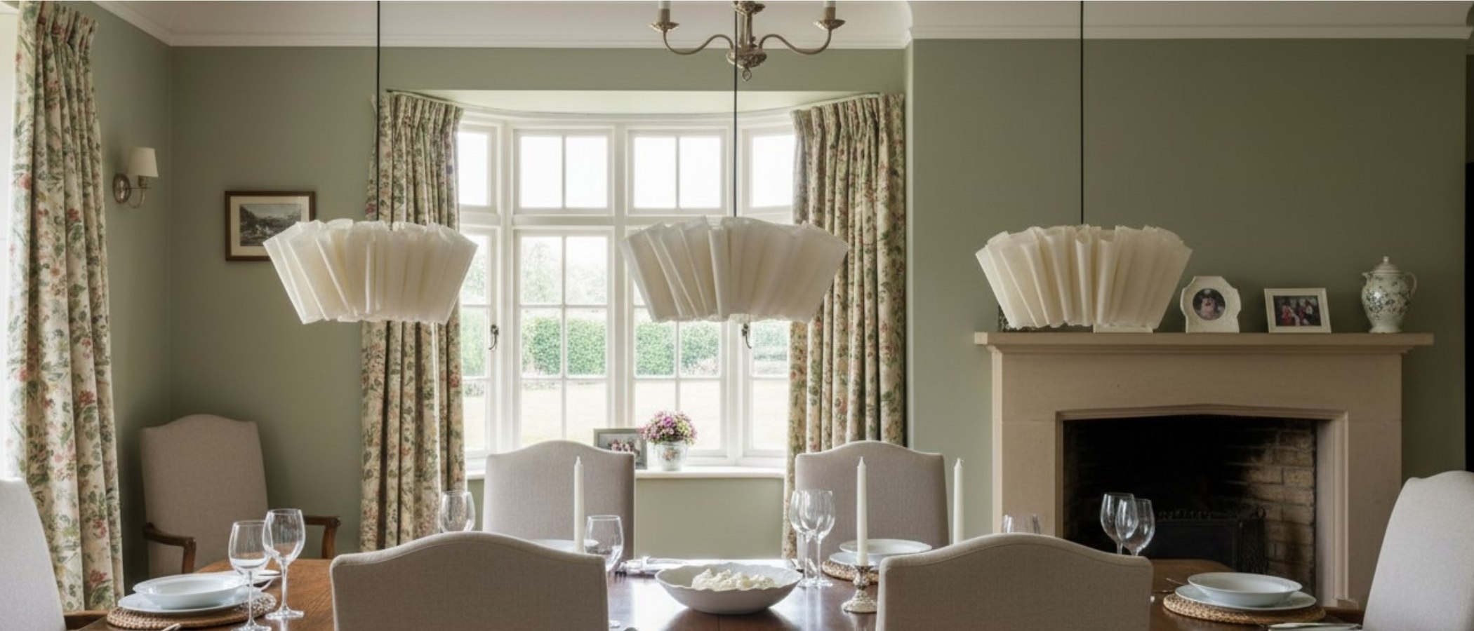 Meva pleated fabric pendant light above a dining table