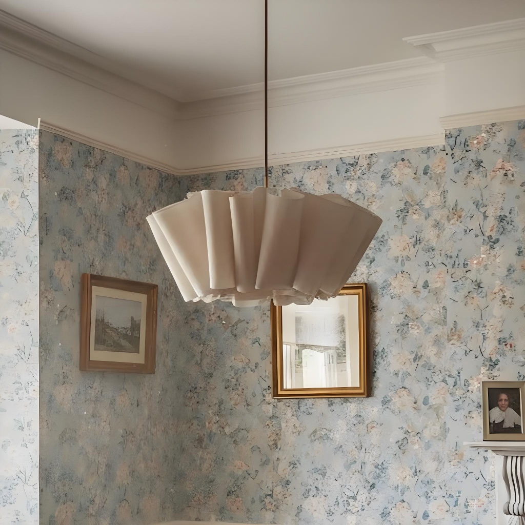 Meva pendant light above a patterned wall interior
