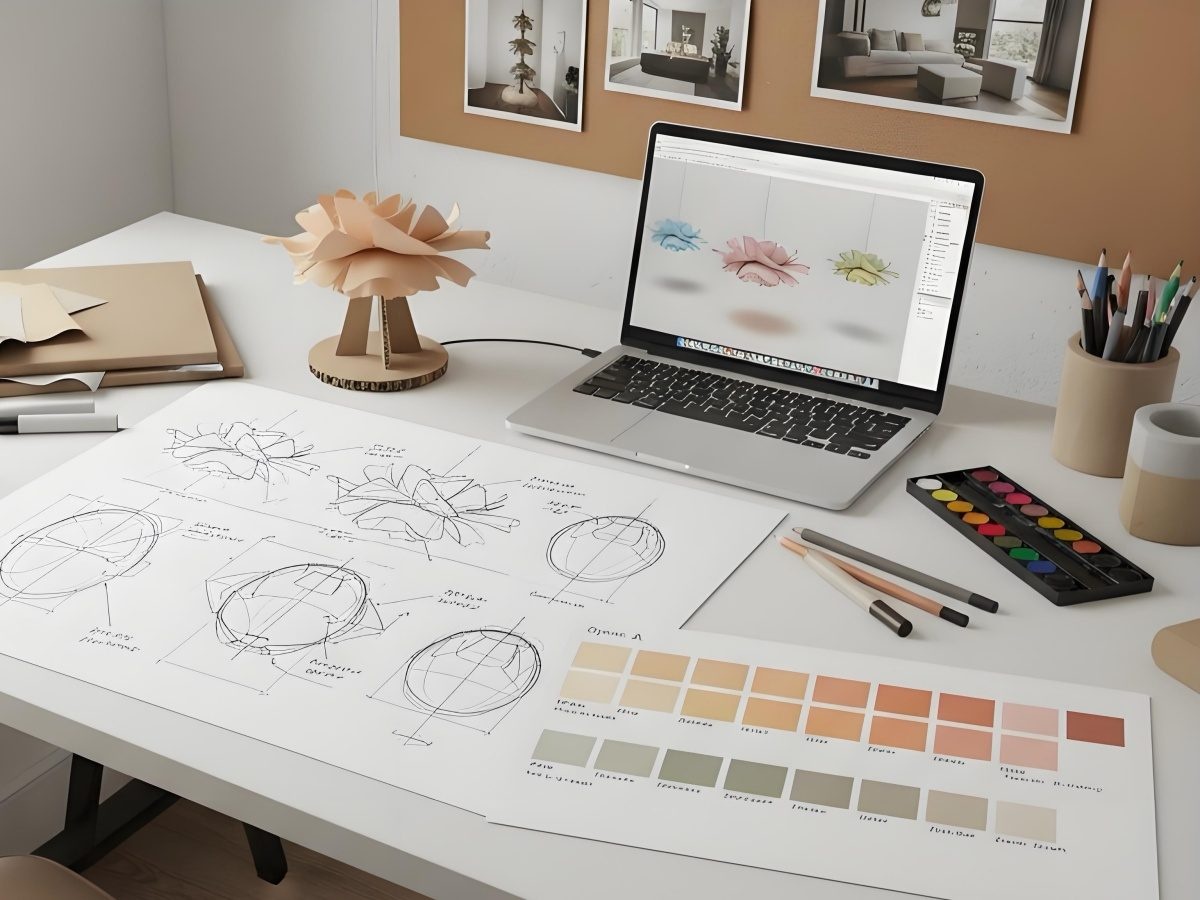 Pendant light design sketches and colour planning on a desk