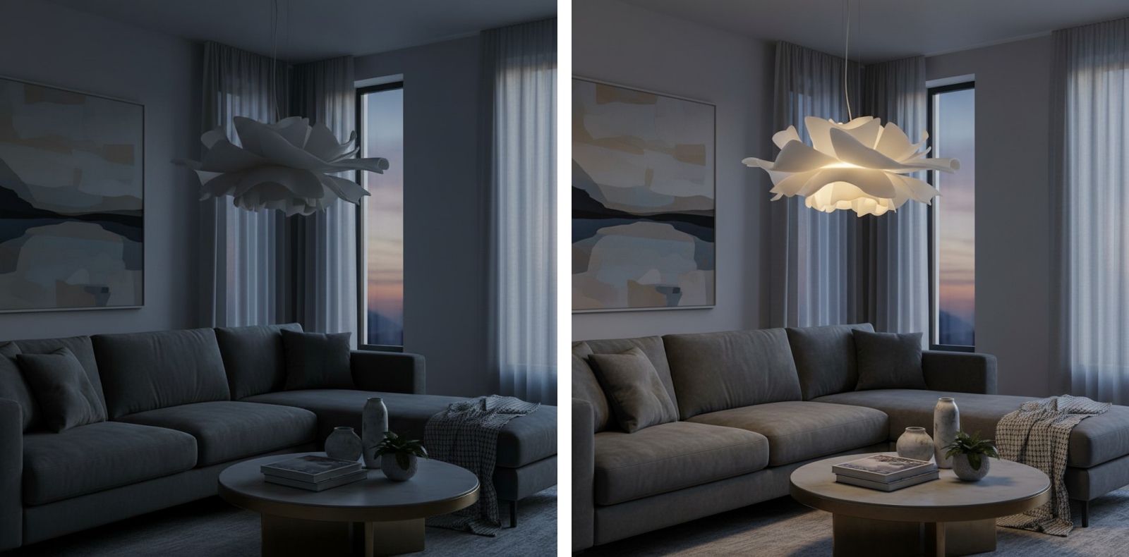 Pendant light reflections and glow in a living room scene