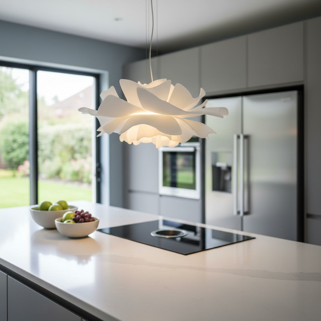 Flower pendant light over a kitchen island