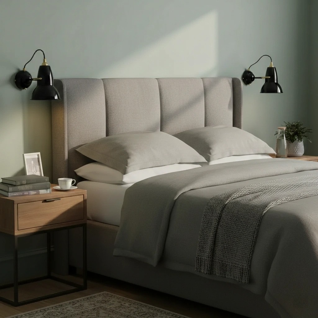 Bedroom scene with black Modryx wall lights
