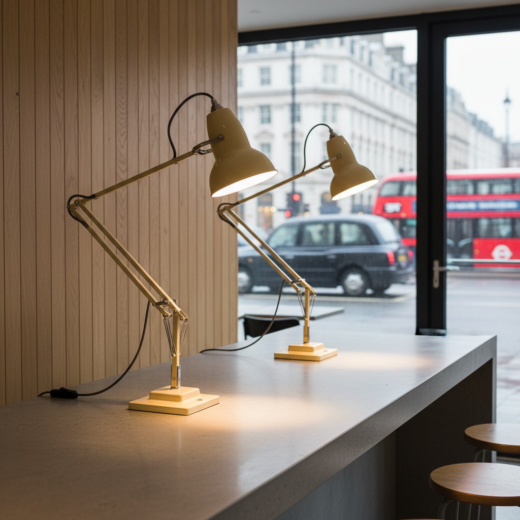 Yellow Modryx desk lamps in a cafe workspace