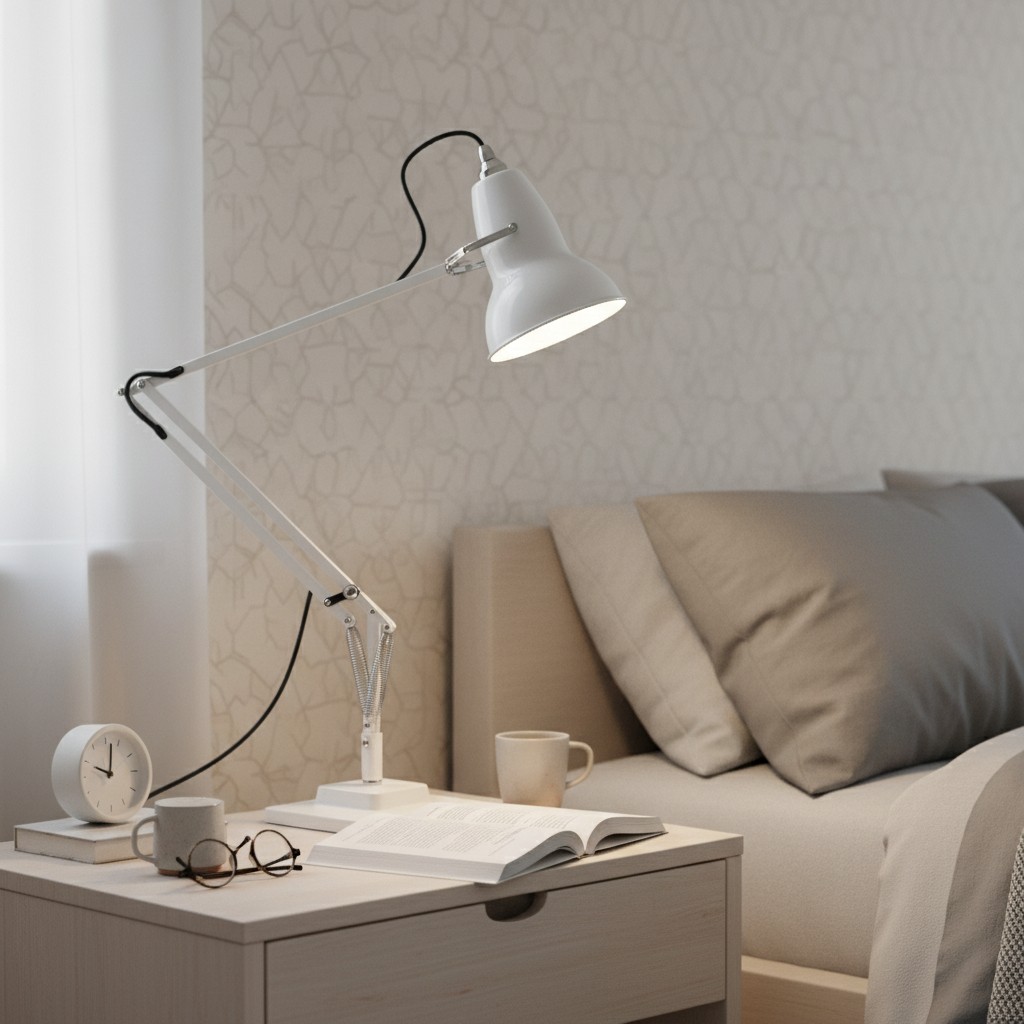 White Modryx desk lamp on a bedside table