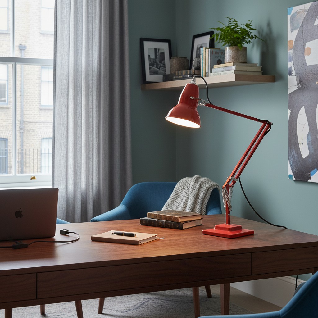 Red Modryx desk lamp in a home office