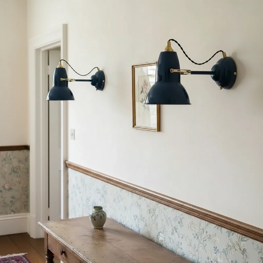 Pair of blue Modryx wall lights in a hallway setting