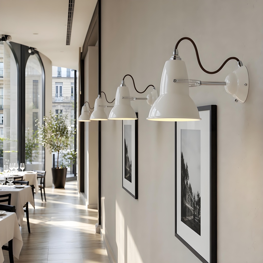 White Modryx wall lights in a hallway