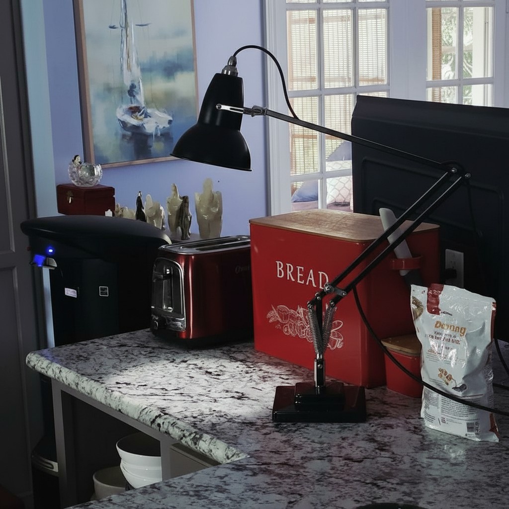 Black desk lamp in a kitchen workspace