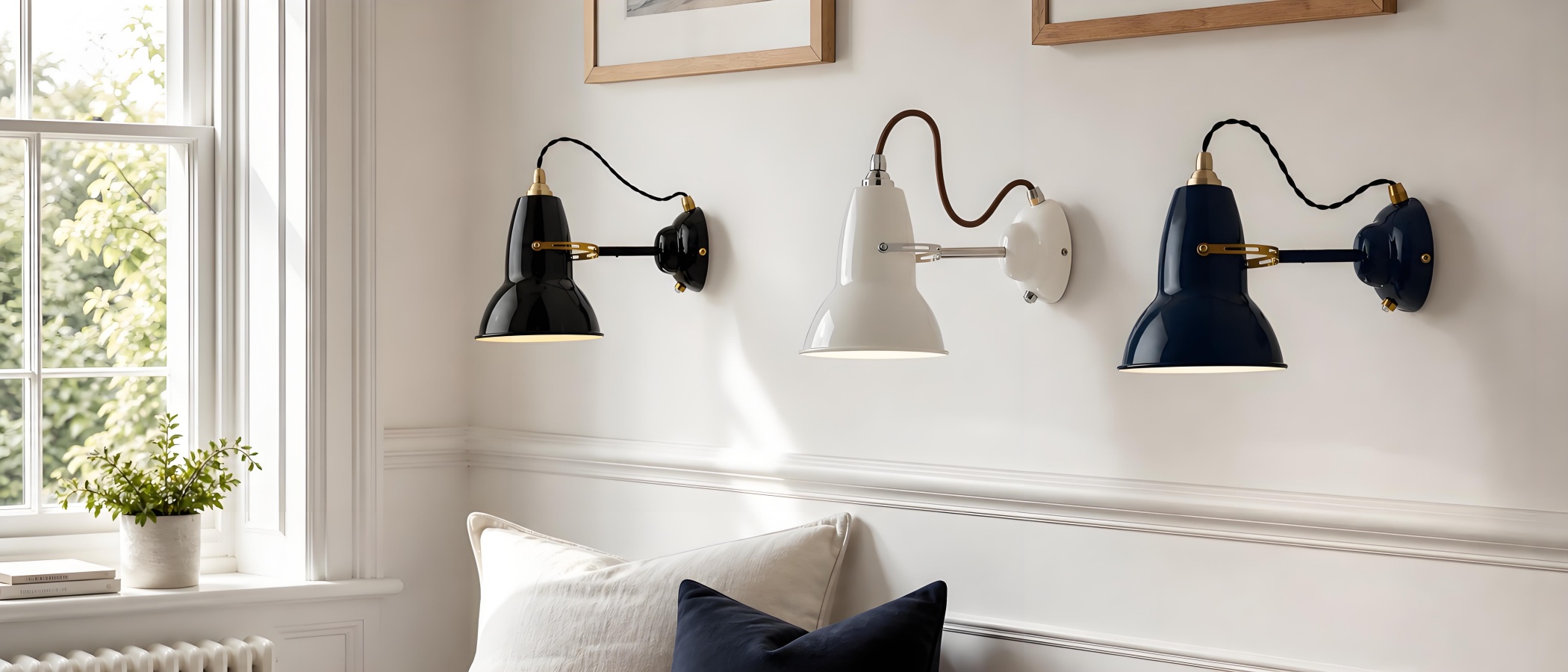 Modryx industrial adjustable wall lights in black, white, and blue finishes