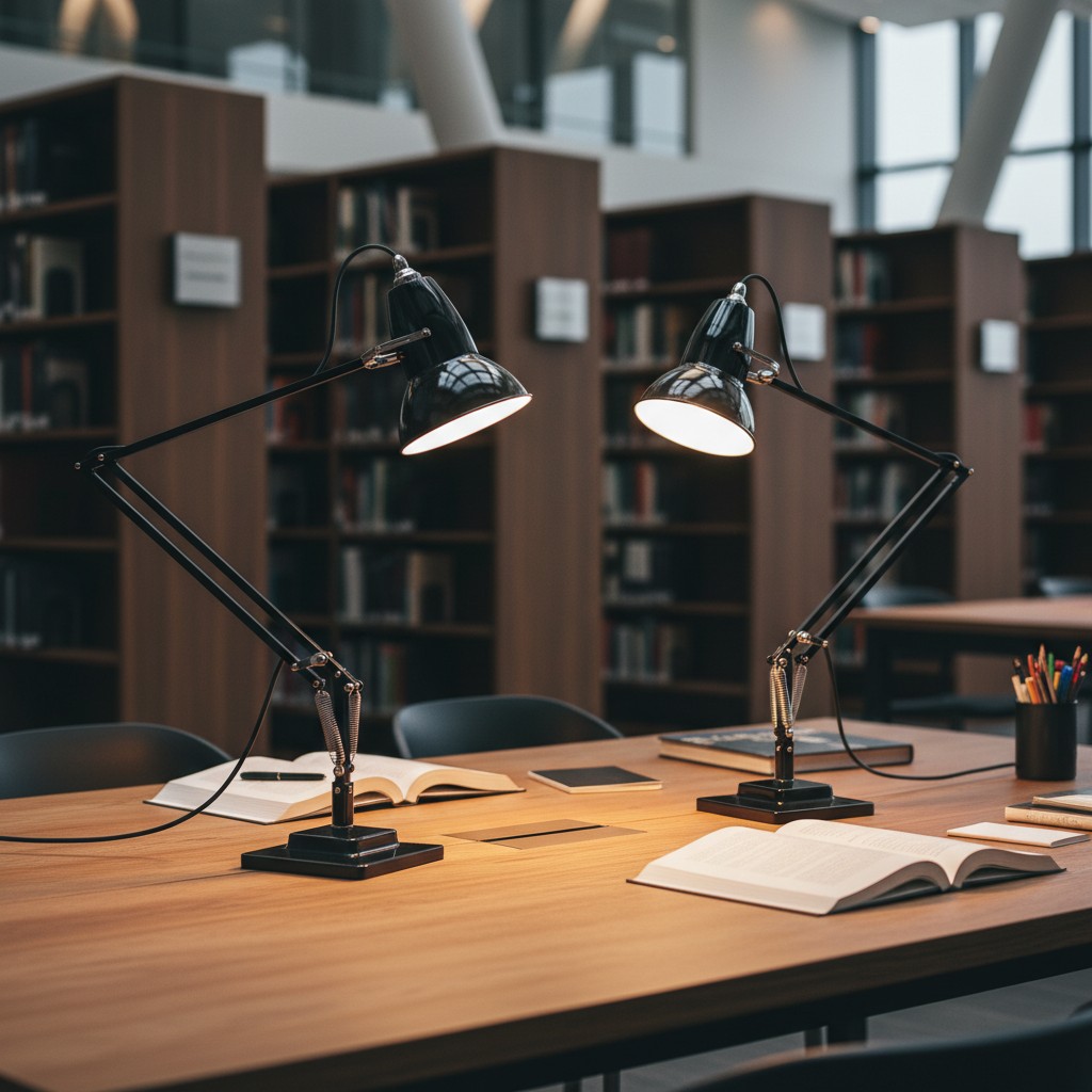 Black Modryx desk lamps on a shared workspace