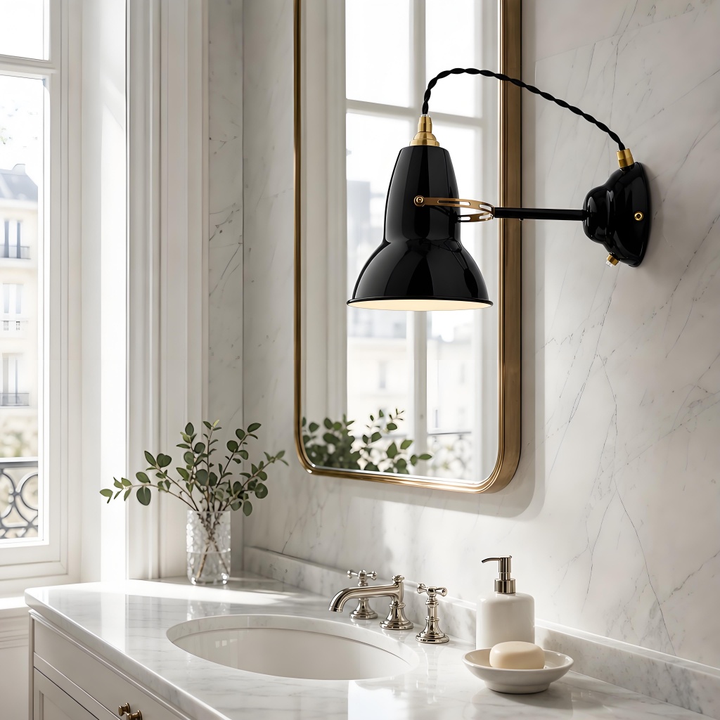Black Modryx wall light in a bathroom mirror setting