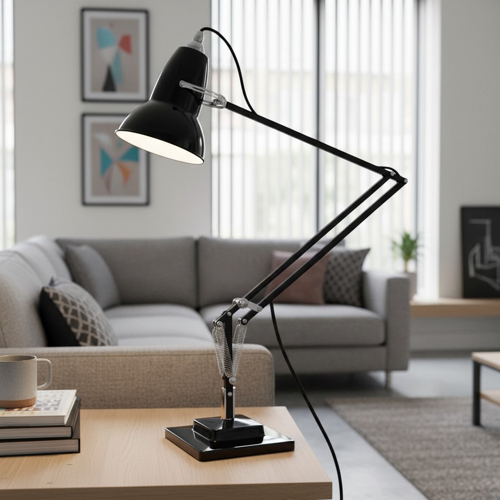 Black Modryx desk lamp beside a sofa