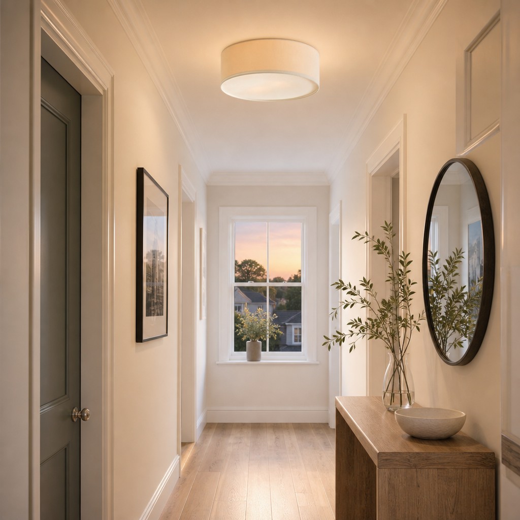Entryway with cream drum flush ceiling light