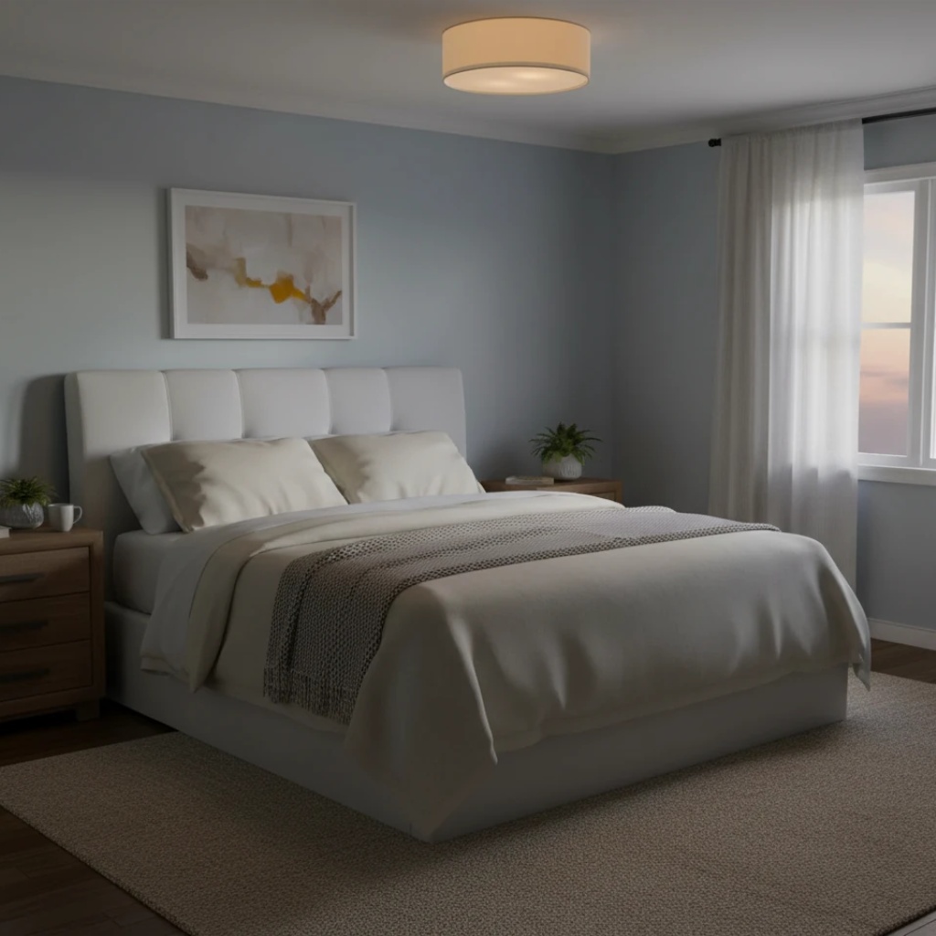 Bedroom with cream drum flush ceiling light