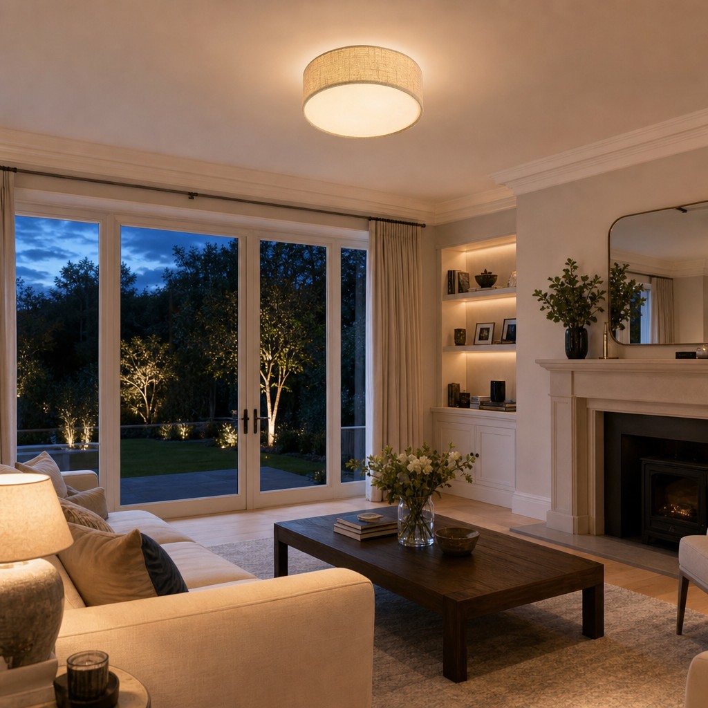 Living room evening scene with flush mount ceiling light