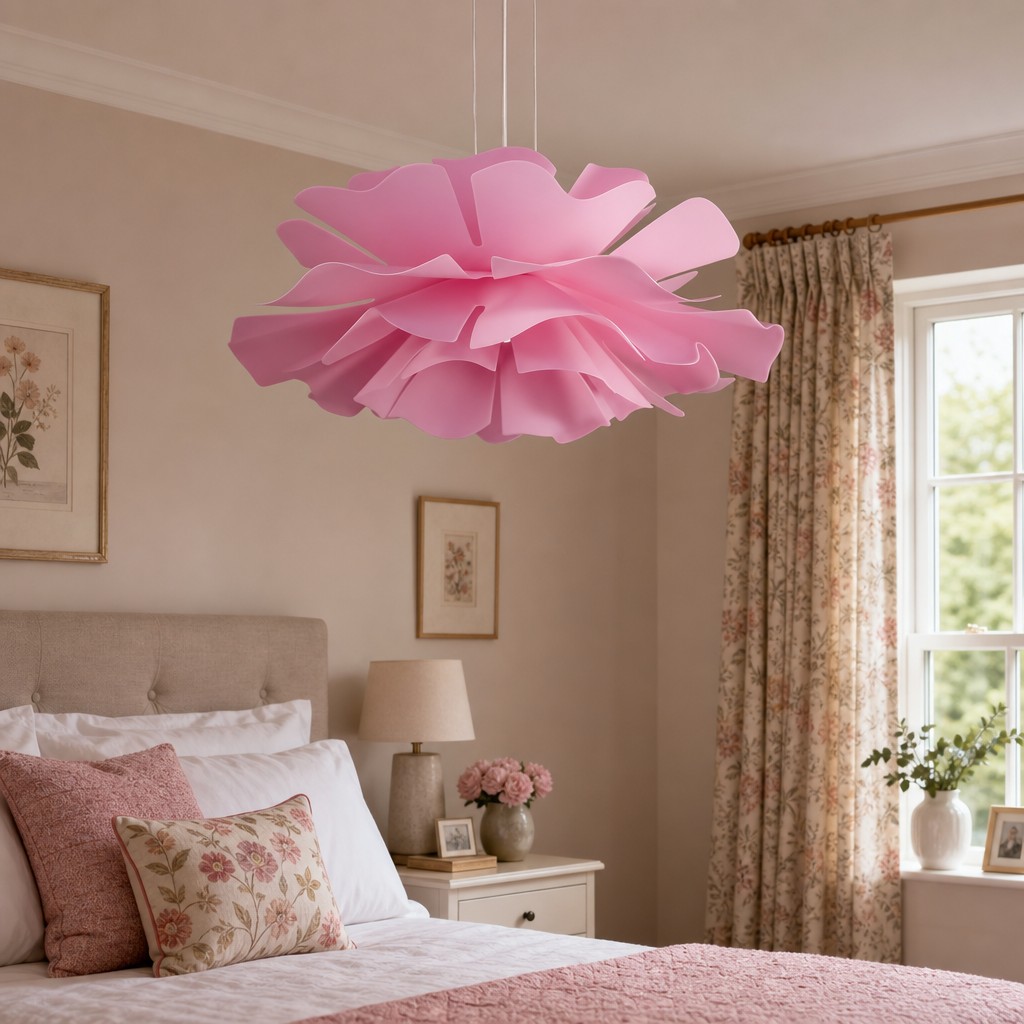 Pink flower pendant light in a bedroom