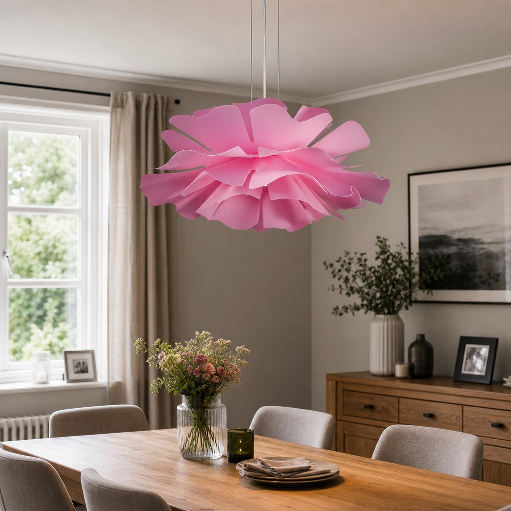 Pink flower pendant light over a dining table