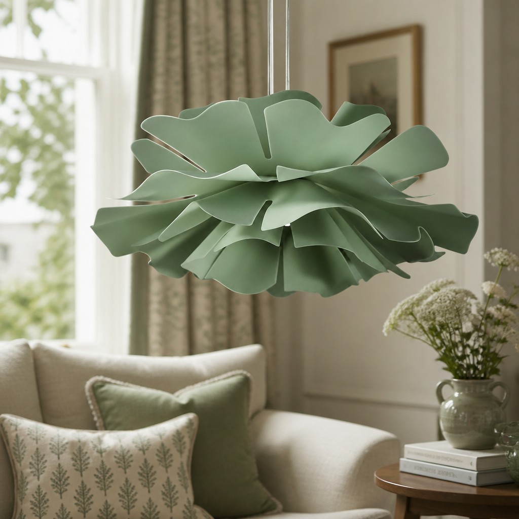 Green pendant light near a sofa