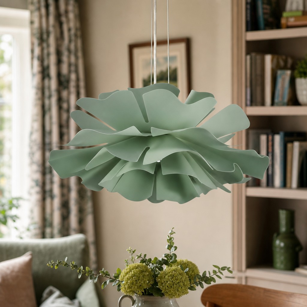 Sage green pendant light in a cosy room