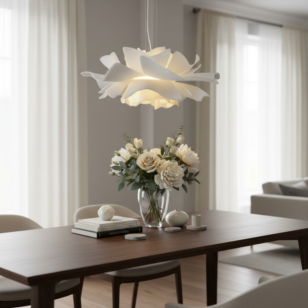 White pendant light above a dining table