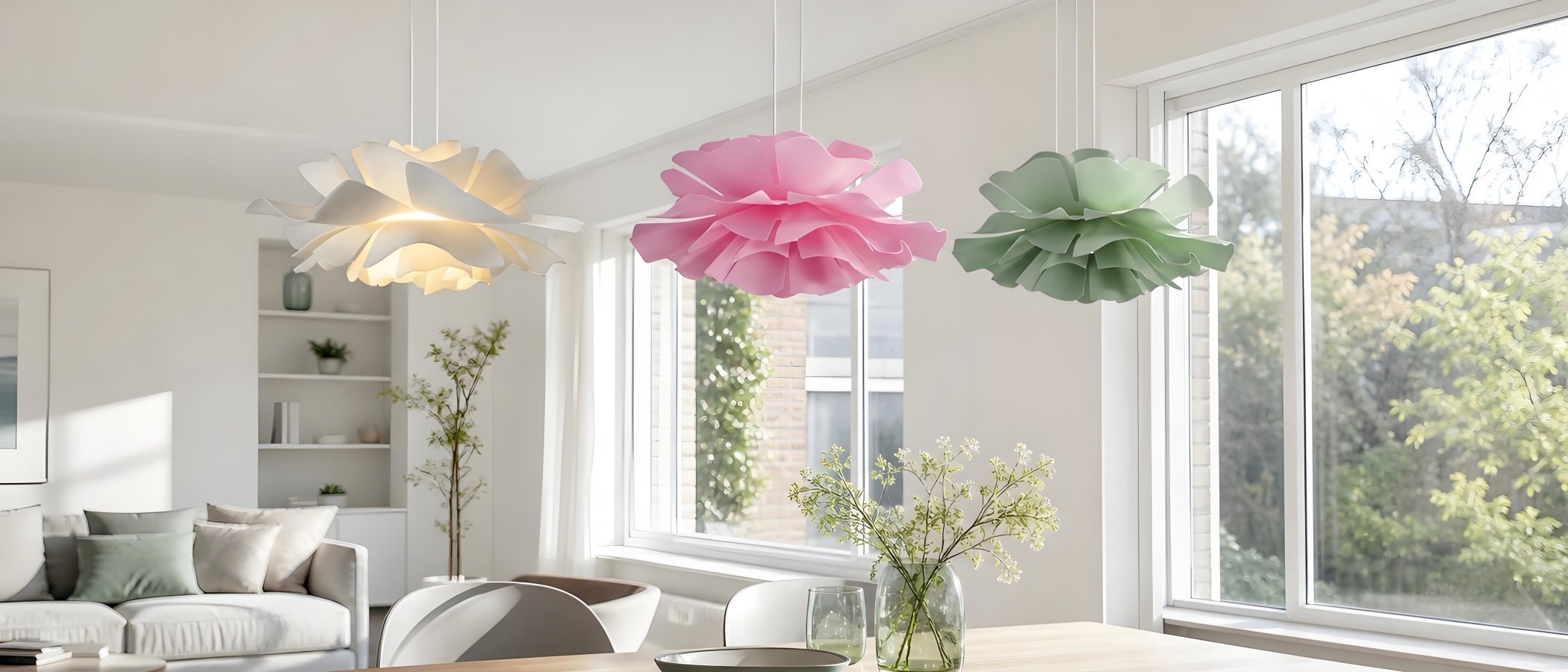 Love Me Not and Lotus pendant lights in a bright dining room