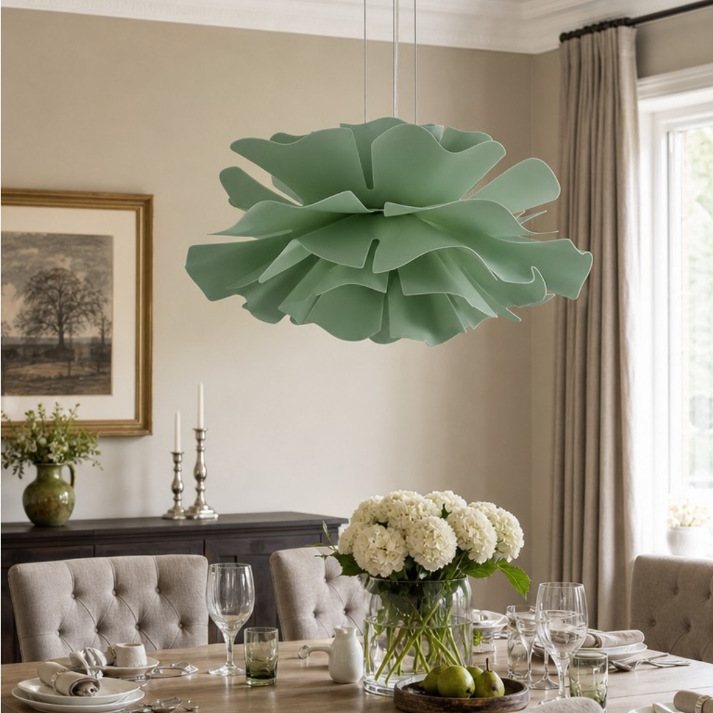 Sage green flower pendant light in a dining room
