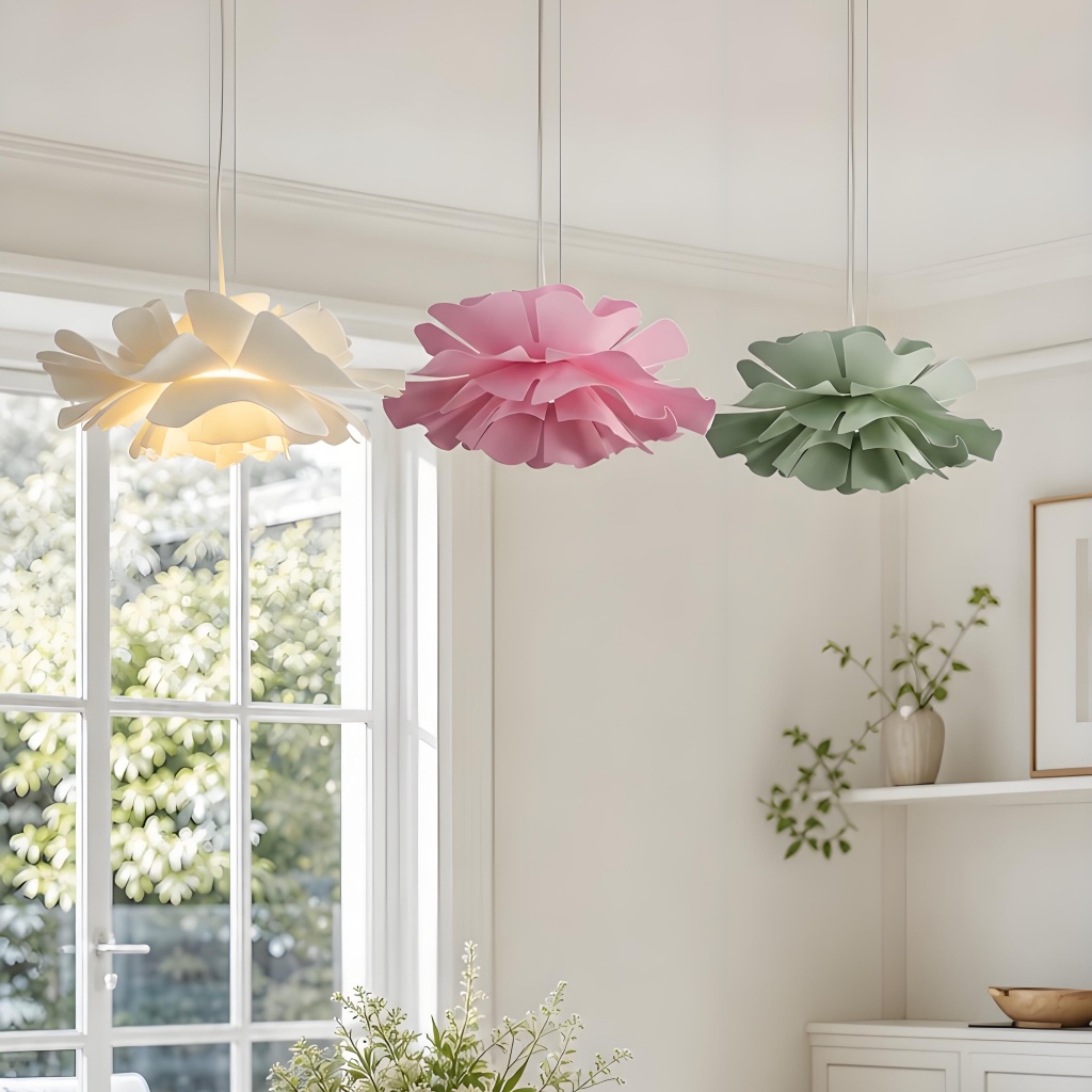 White pink and sage green pendant lights in a bright interior