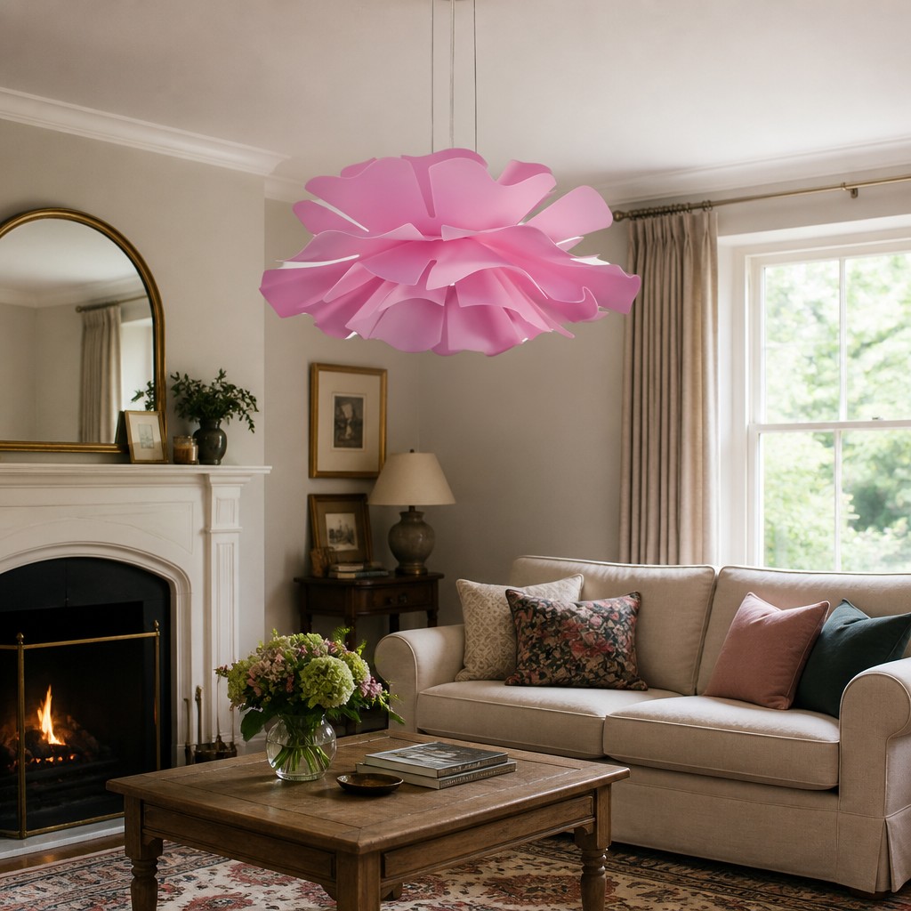 Pink pendant light in a living room