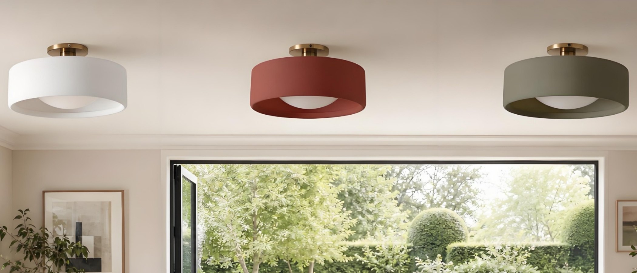 Cerova porcelain ivory flush mount ceiling light shown in a modern living room