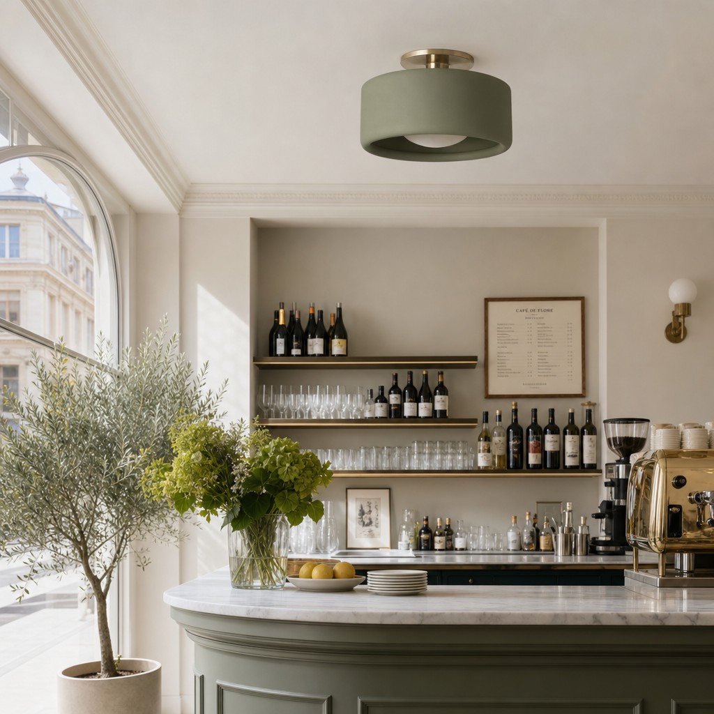 Green Cerova ceiling light over a bar area