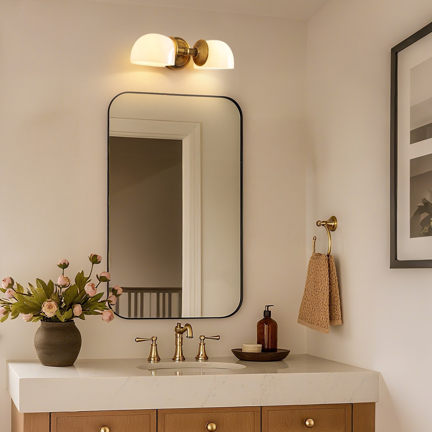 Modern Mercer Double Horizontal Metal Wall Sconce in a bathroom scene