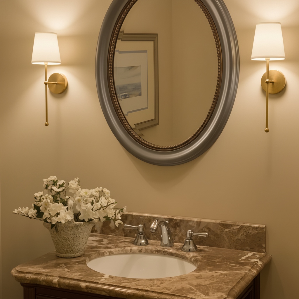 Customer room scene with paired gold wall lamps by a mirror