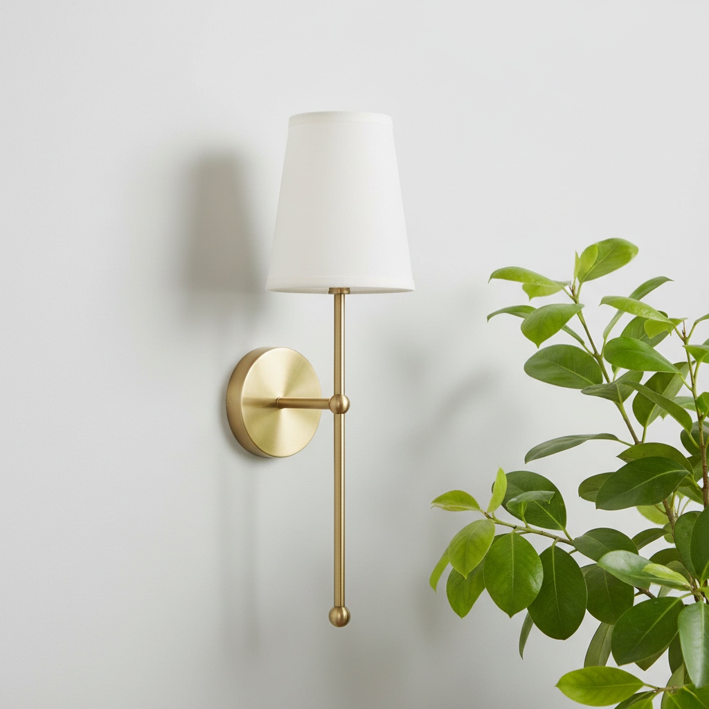 Gold wall lamp beside green foliage